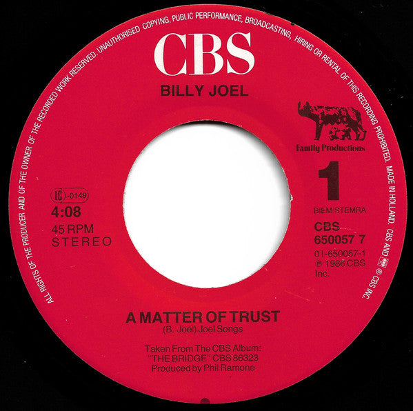 Billy Joel : A Matter Of Trust (7", Single)