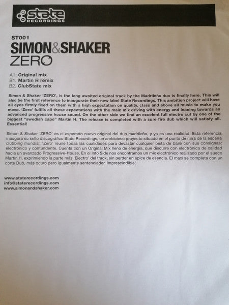 Simon & Shaker : Zero (12", Promo, W/Lbl)