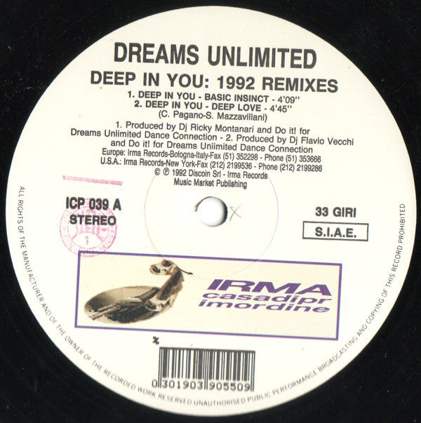 Dreams Unlimited : Deep In You (1992 Remix) (12")