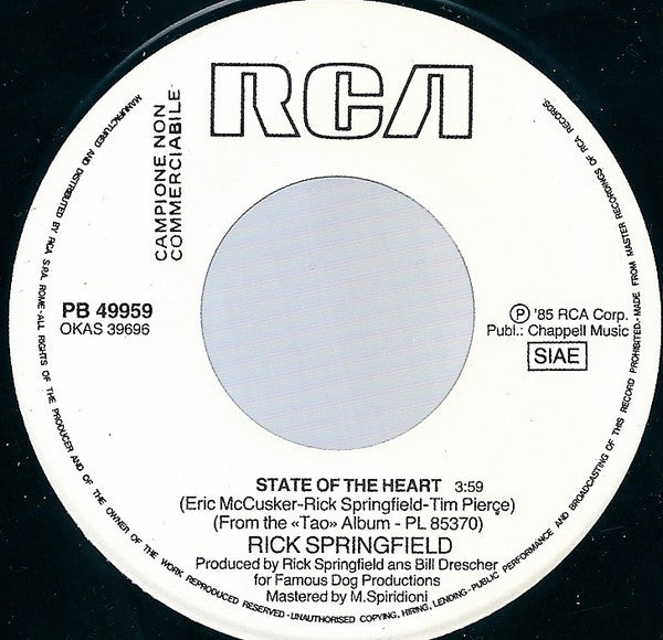 Rick Springfield : State Of The Heart (7", Promo)