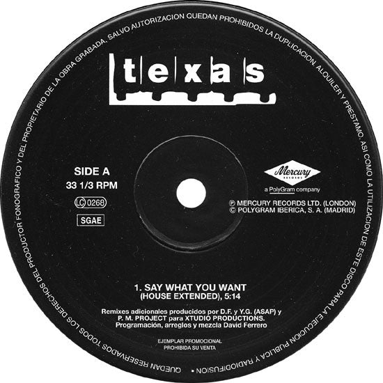 Texas : Say What You Want (ASAP And P.M. Project Remixes) (12", Maxi, Promo)