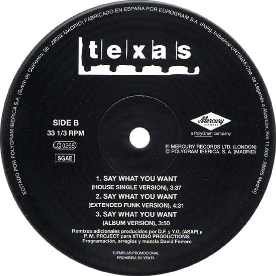 Texas : Say What You Want (ASAP And P.M. Project Remixes) (12", Maxi, Promo)