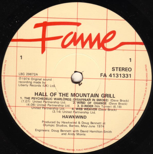 Hawkwind : Hall Of The Mountain Grill (LP, Album, RE)