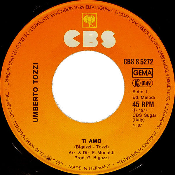 Umberto Tozzi : Ti Amo (7", Single)