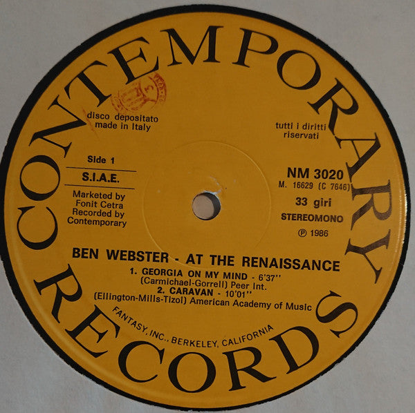 Ben Webster : At The Renaissance (LP, Album, Mono)
