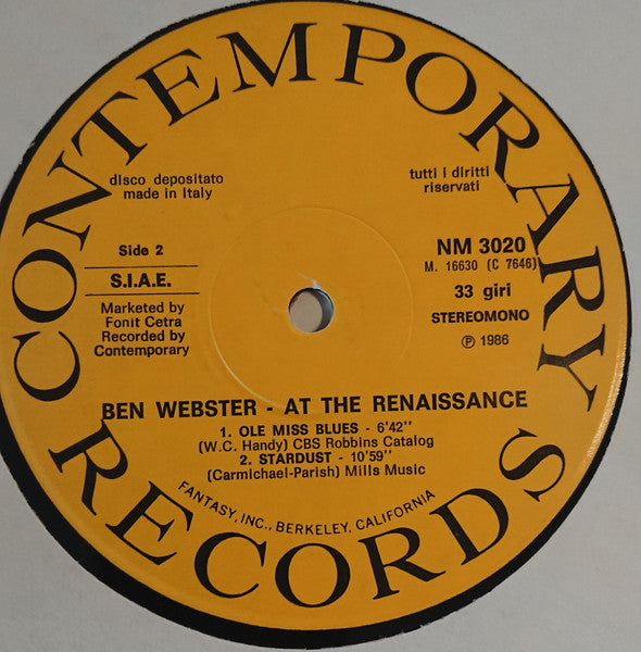 Ben Webster : At The Renaissance (LP, Album, Mono)