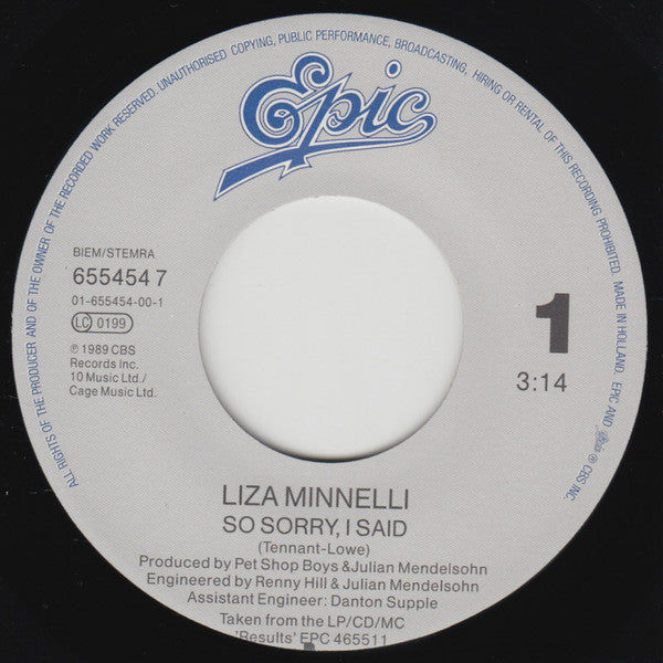 Liza Minnelli : So Sorry, I Said (7", Single)