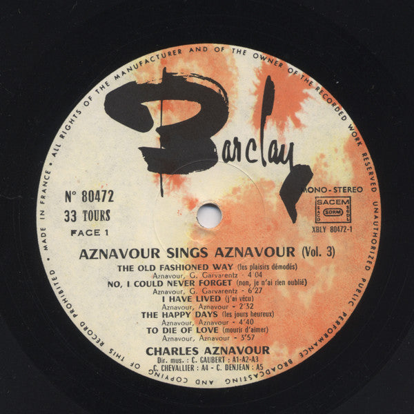 Charles Aznavour : Aznavour Sings Aznavour Vol 3 (LP, Album)