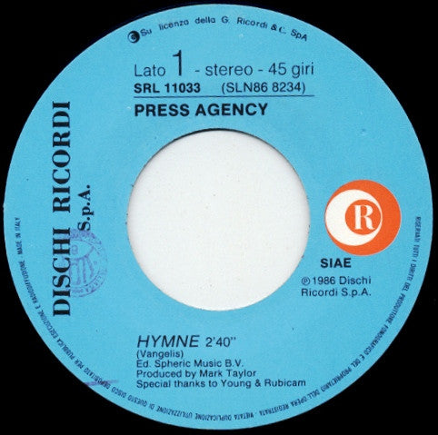 Press Agency : Hymne - Barilla (7")