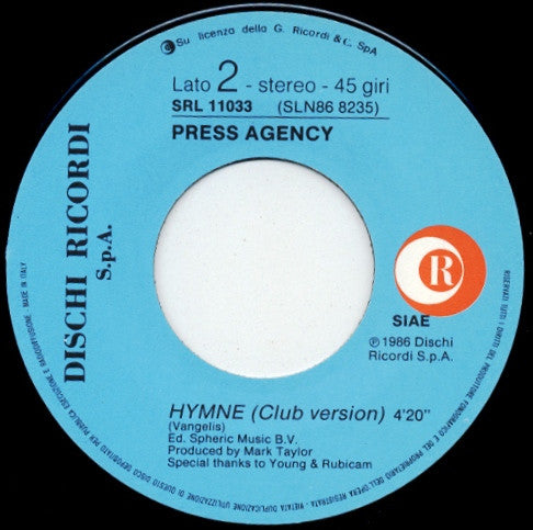 Press Agency : Hymne - Barilla (7")