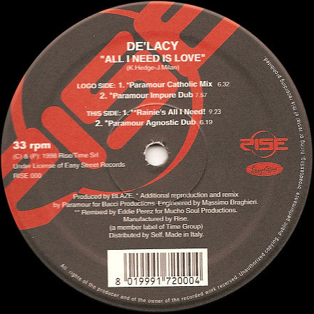 De'Lacy : All I Need Is Love (12")