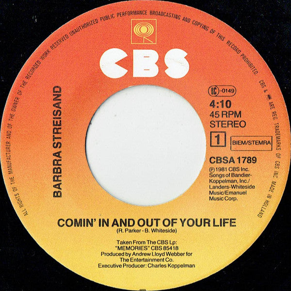 Barbra Streisand : Comin' In And Out Of Your Life (7", Single)