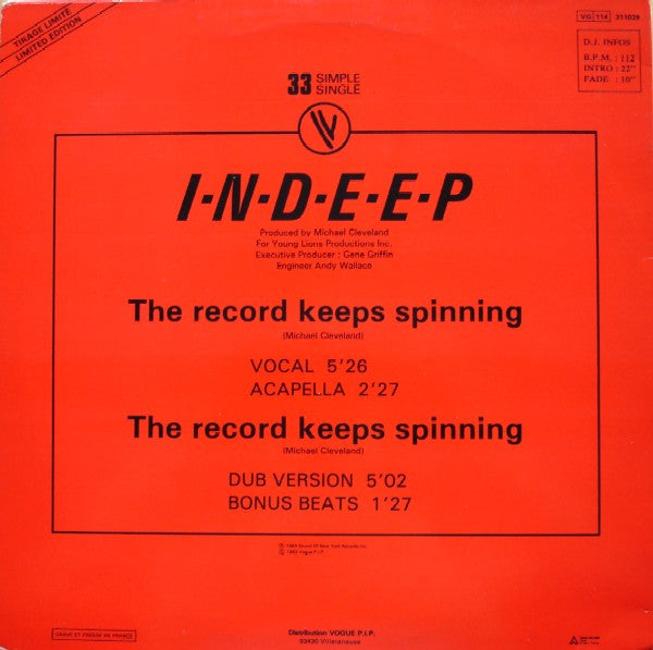 Indeep : The Record Keeps Spinning (12", Single, Ltd)