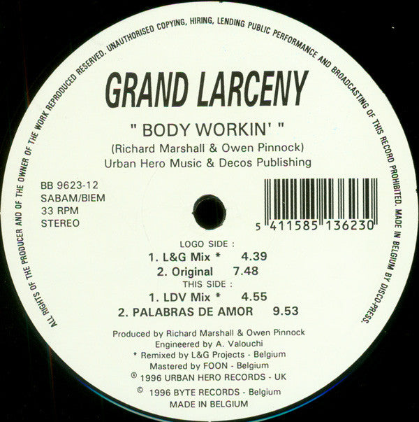 Grand Larceny : Body Workin' (12", Maxi)