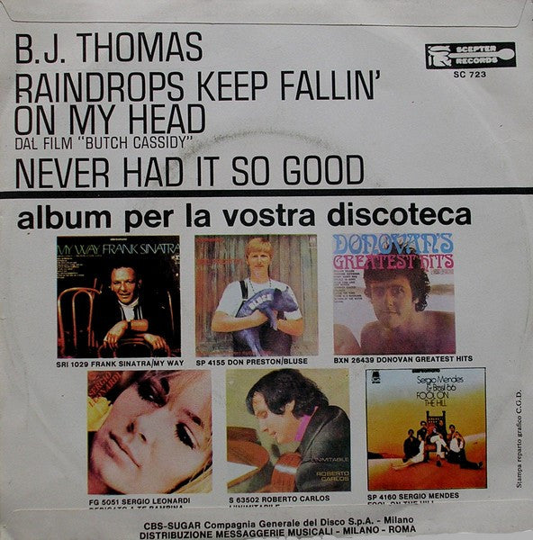 B.J. Thomas : Raindrops Keep Fallin' On My Head (7", Single)