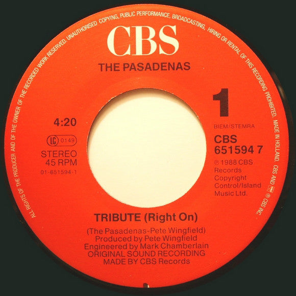 The Pasadenas : Tribute (7", Single)