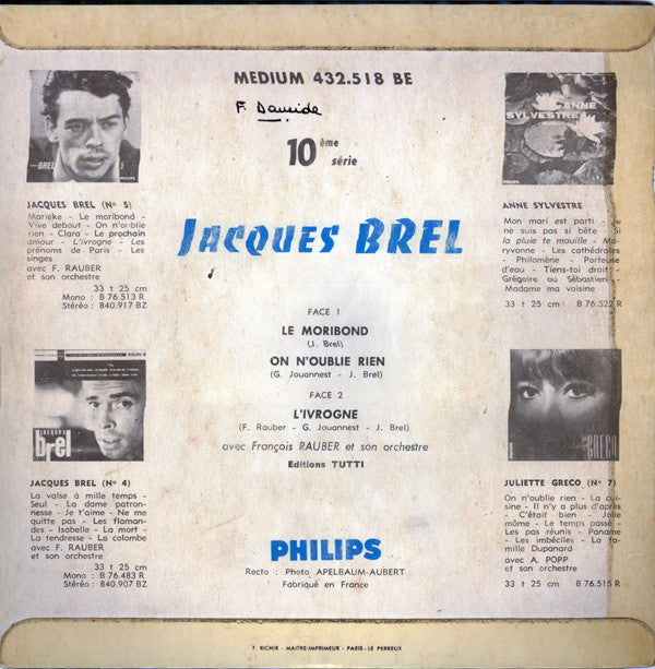 Jacques Brel : Le Moribond (7", EP, Mono)