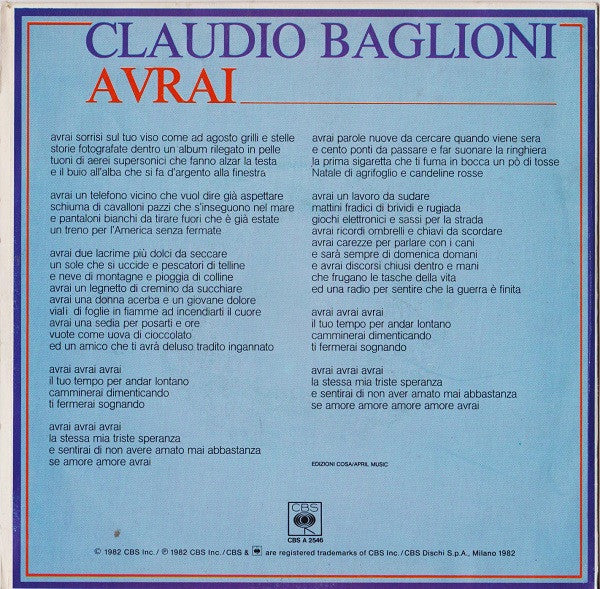 Claudio Baglioni : Avrai (7", Single)