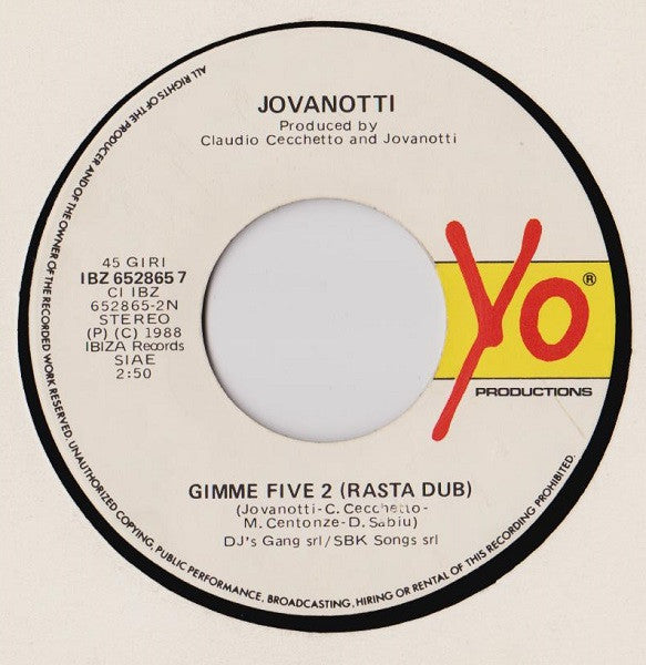 Jovanotti : Gimme Five 2 (Rasta Five) (7", Single)