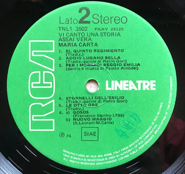 Maria Carta : Vi Canto Una Storia Assai Vera (LP, Album)
