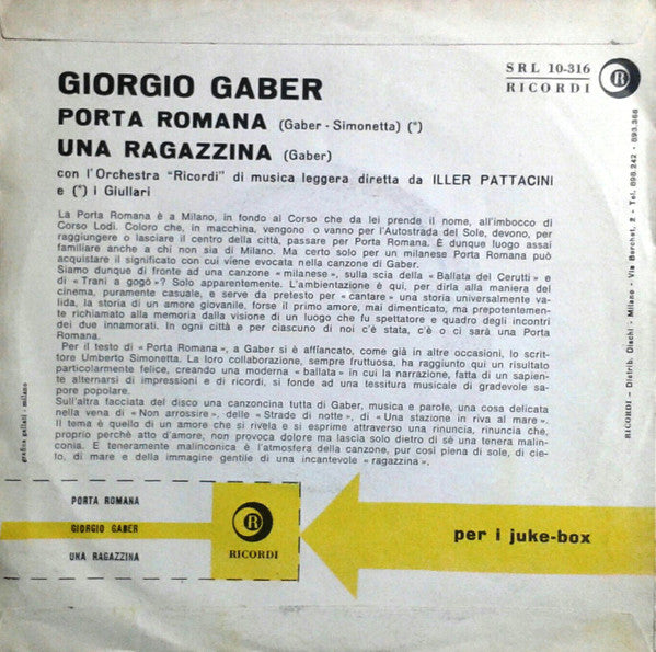 Giorgio Gaber : Porta Romana / Una Ragazzina (7")