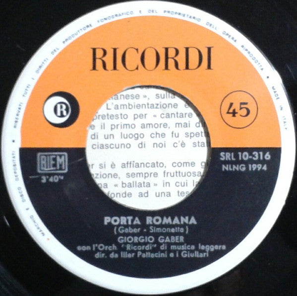 Giorgio Gaber : Porta Romana / Una Ragazzina (7")