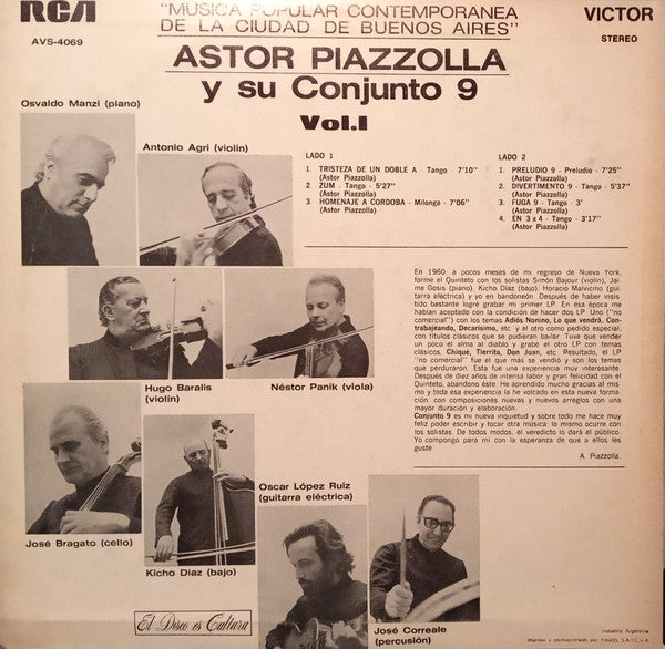 Astor Piazzolla Y Su Conjunto 9 : Musica Popular Contemporanea De La Ciudad De Buenos Aires, Volumen 1 (LP, Album)