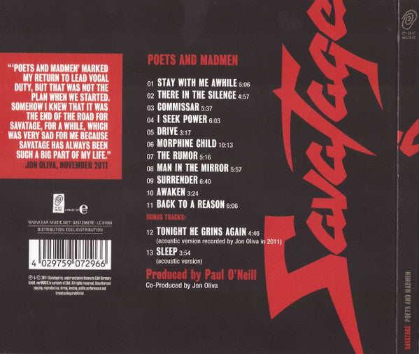 Savatage : Poets And Madmen (CD, Album, RE, RM, Dig)
