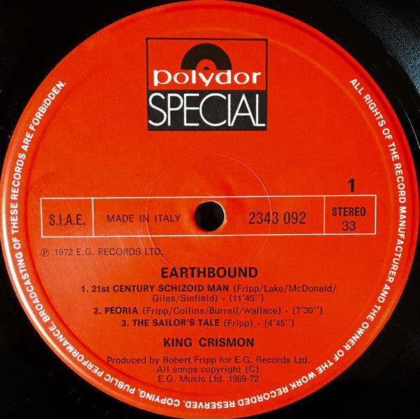 King Crimson : Earthbound (LP, Album, RE)