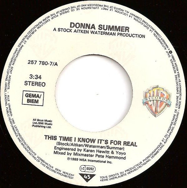 Donna Summer : This Time I Know It's For Real (7")