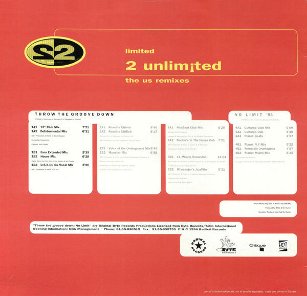 2 Unlimited : Throw The Groove Down / No Limit '94 (The U.S. Remixes) (4x12", Maxi, Ltd)