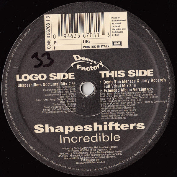 Shapeshifters : Incredible (12")