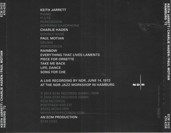 Keith Jarrett / Charlie Haden / Paul Motian : Hamburg '72 (CD, Album)