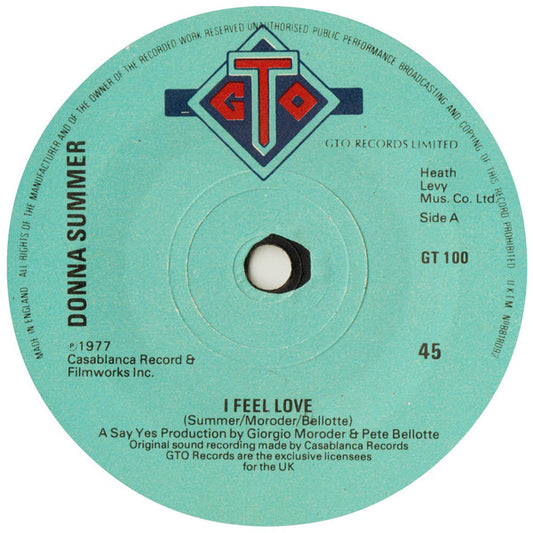 Donna Summer : I Feel Love (7", Single, Blu)