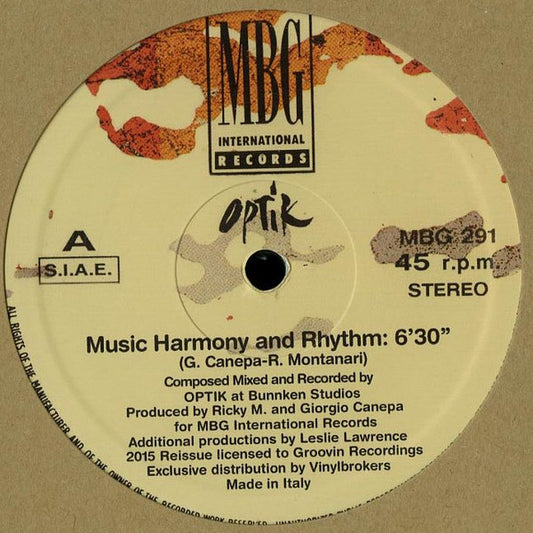 Optik : Music Harmony And Rhythm (12", RE, RM)