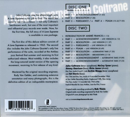 John Coltrane : A Love Supreme (CD, Album, RE, RM + CD, Album, RE, RM + Dlx, Dig)