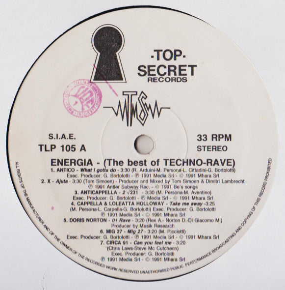 Various : Energia - The Best Of Techno Rave (LP, Comp, Mixed)