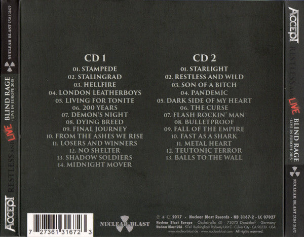 Accept : Restless And Live (Blind Rage - Live In Europe 2015) (2xCD, Album, Dig)