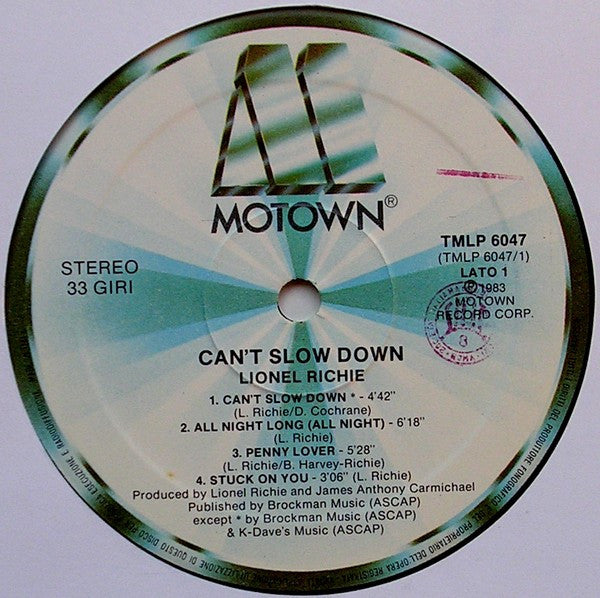 Lionel Richie : Can't Slow Down (LP, Album, Gat)