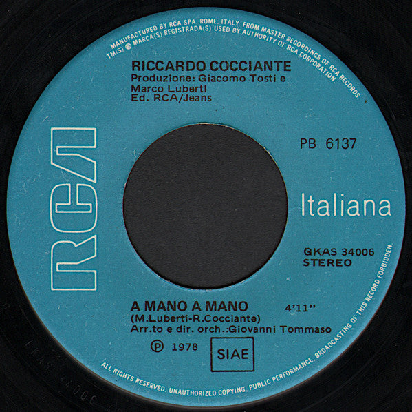 Riccardo Cocciante : A Mano A Mano / Storie (7")