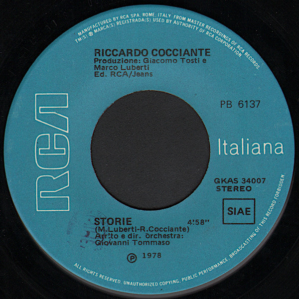 Riccardo Cocciante : A Mano A Mano / Storie (7")